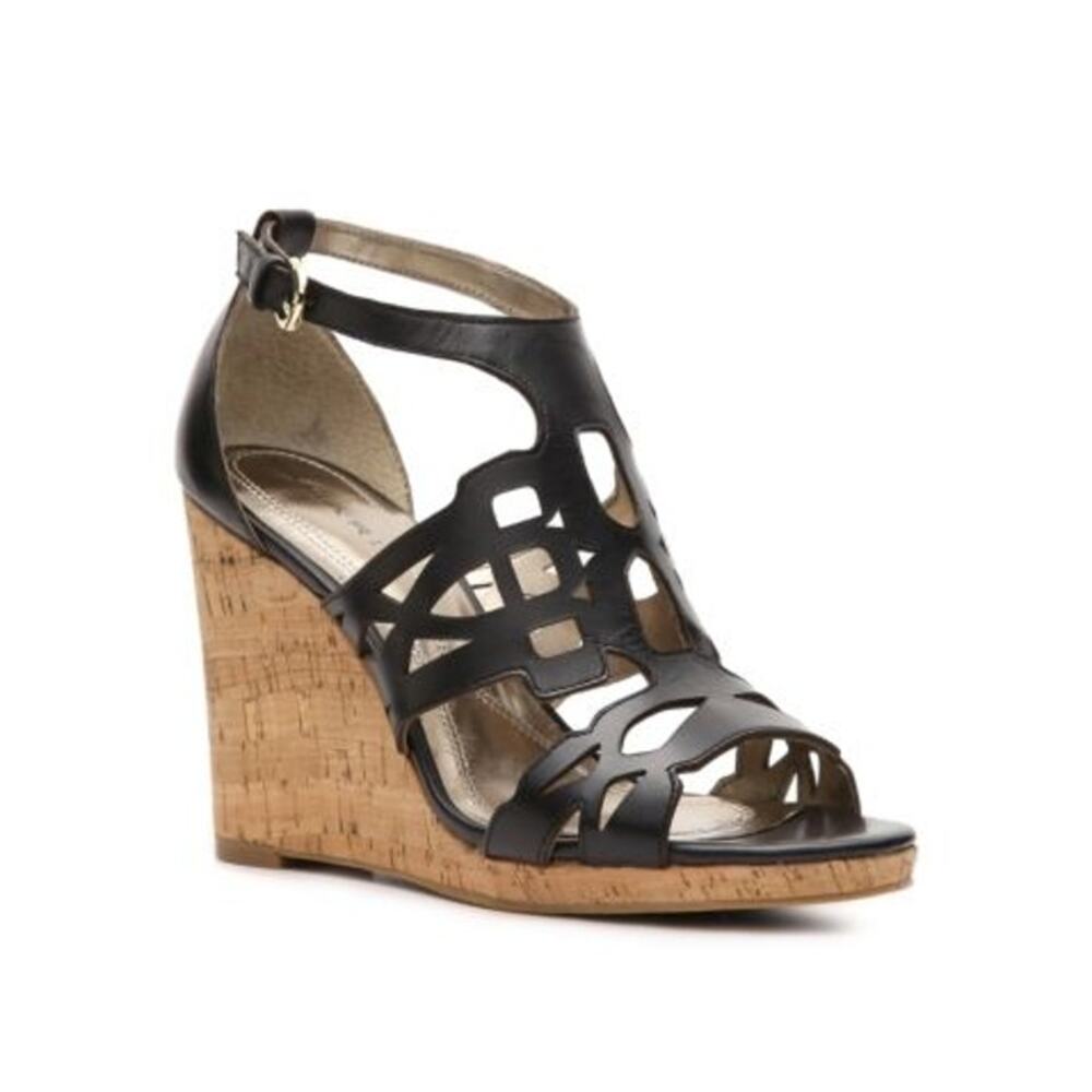 Tahari Sandals Wyne Wedge Leather Adjustable Strap Cork 3.5" Heel, Sz. 10